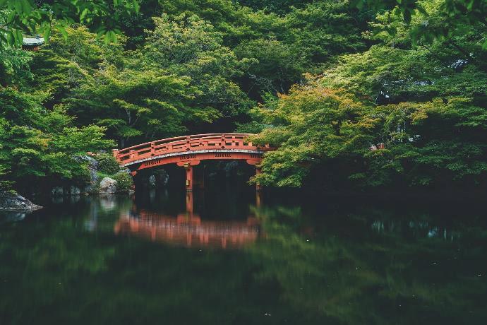 Eine rote Brücke führt über einen Teich in einem Wald